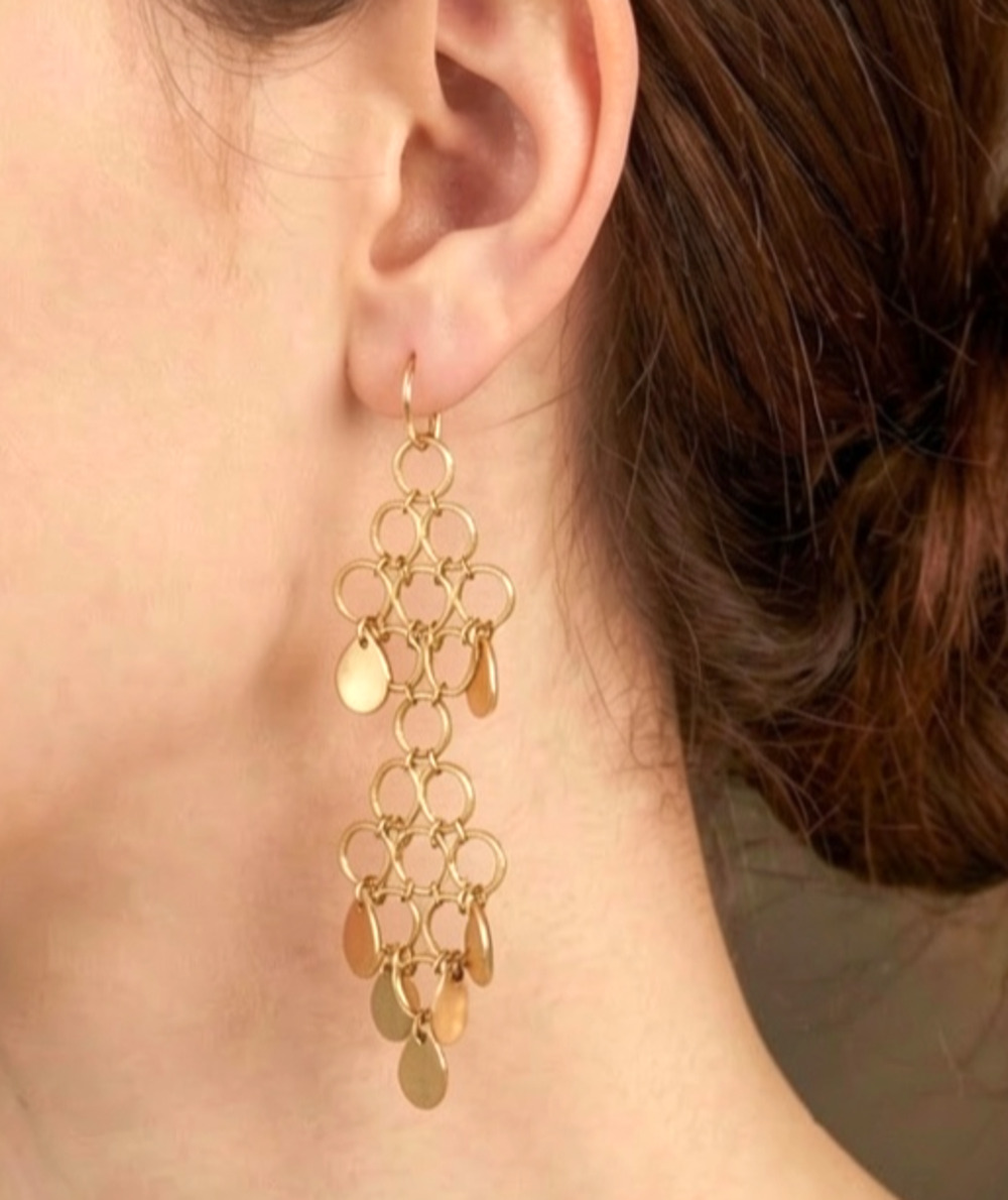 Vintage gold-tone metal chainmaille and disc dangle chandelier earrings